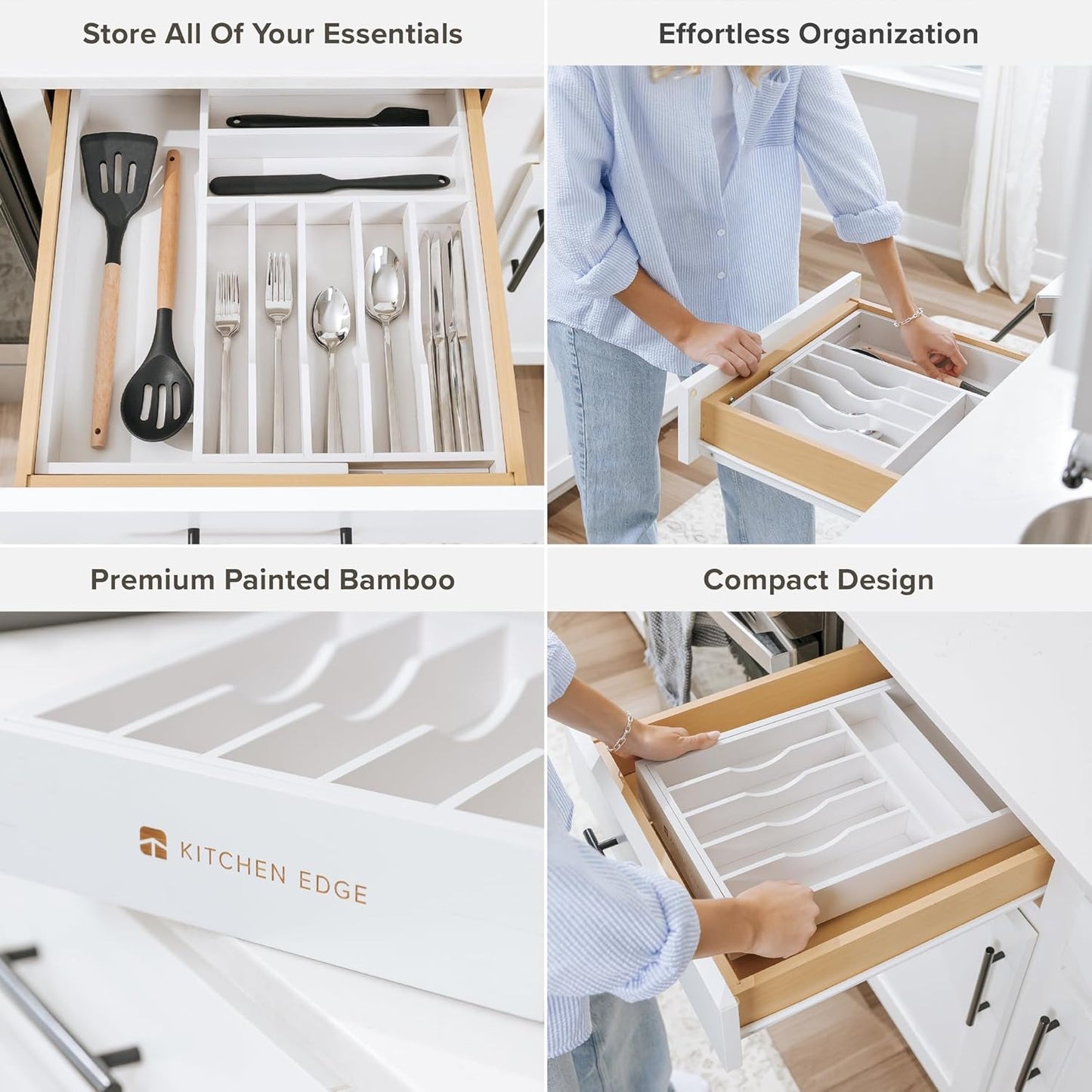 Premium Silverware, Flatware and Utensil Organizer for Kitchen Drawers, Food-Safe Contract Grade, Expandable from 10.5 to 19 In, White Bamboo