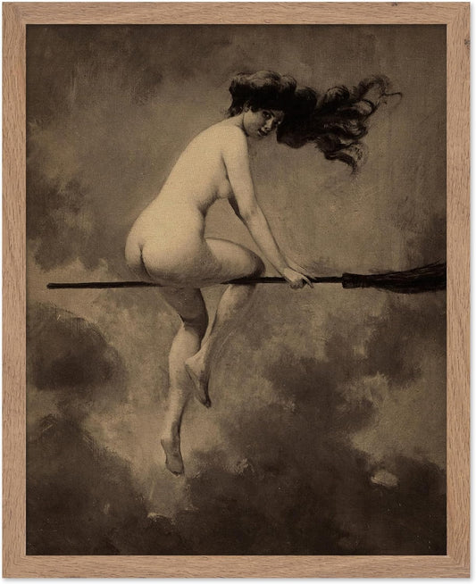 Poster Master Vintage Albert Joseph Penot Poster - Retro Halloween Print - Gift for Artist, Friend - Departure for the Sabbath, Naked Witch on Broom - Wall Decor for Bedroom, 8x10 Beige Framed