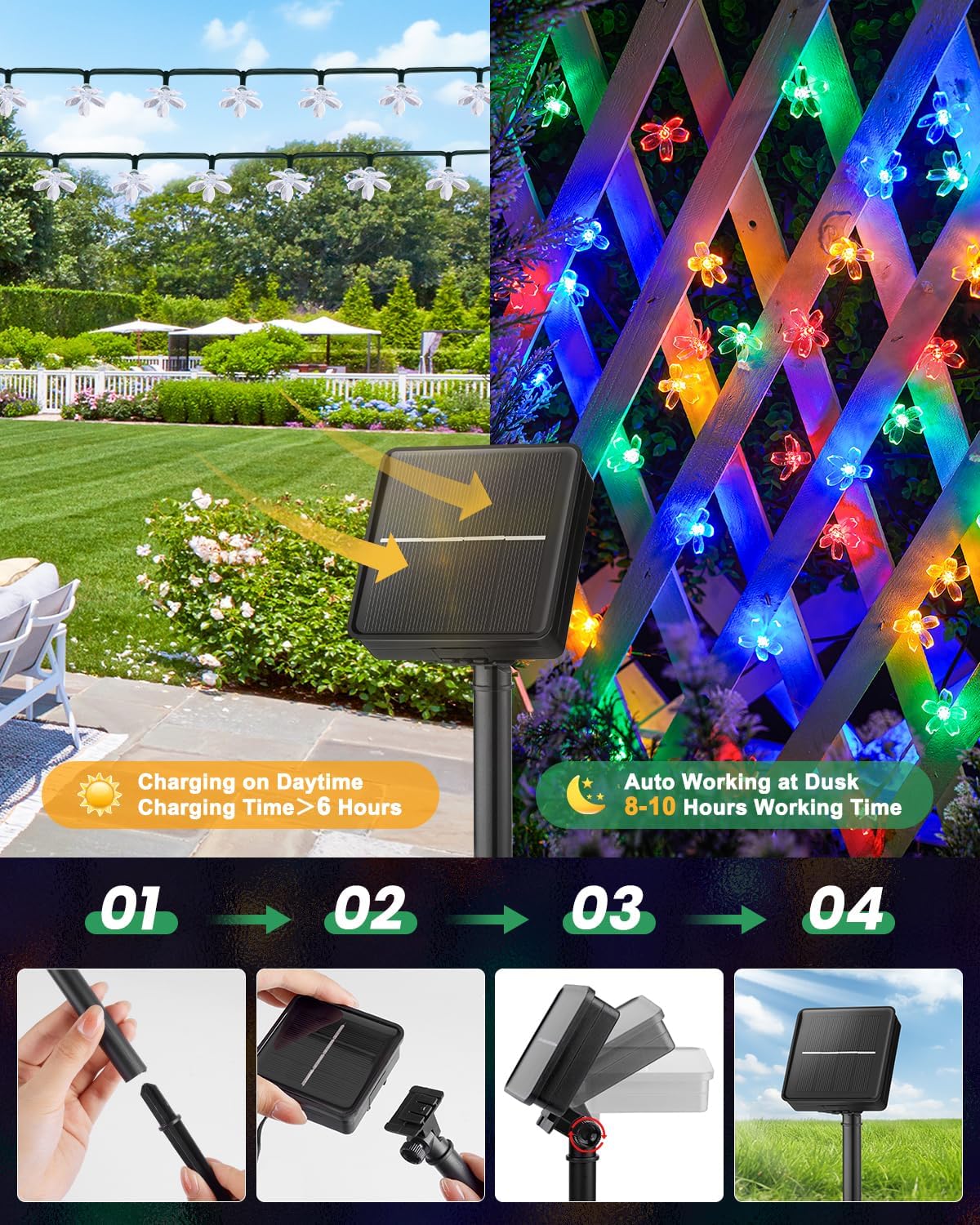 Brightown 2 Pack Total 52FT 120 LED Flower Solar String Lights Outdoor Waterproof Fairy Lights for Garden Yard Fence Patio Christmas Tree Wedding Party Decor, Multicolor