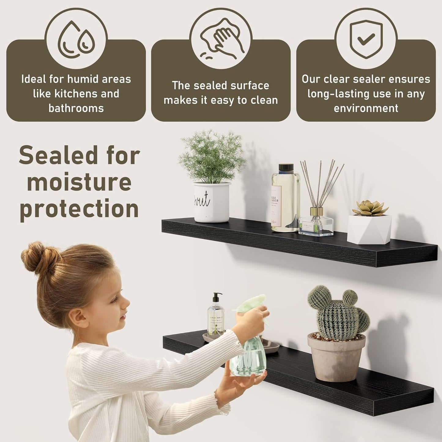 Fun Memories 55 Inch Floating Shelves for Wall 2 Pack Shelves for Bedroom|Kitchen|Bathroom 55 x 9.3 Inch Wood Floating Shelf with Invisible Brackets for Books|Storage|Decor, Black