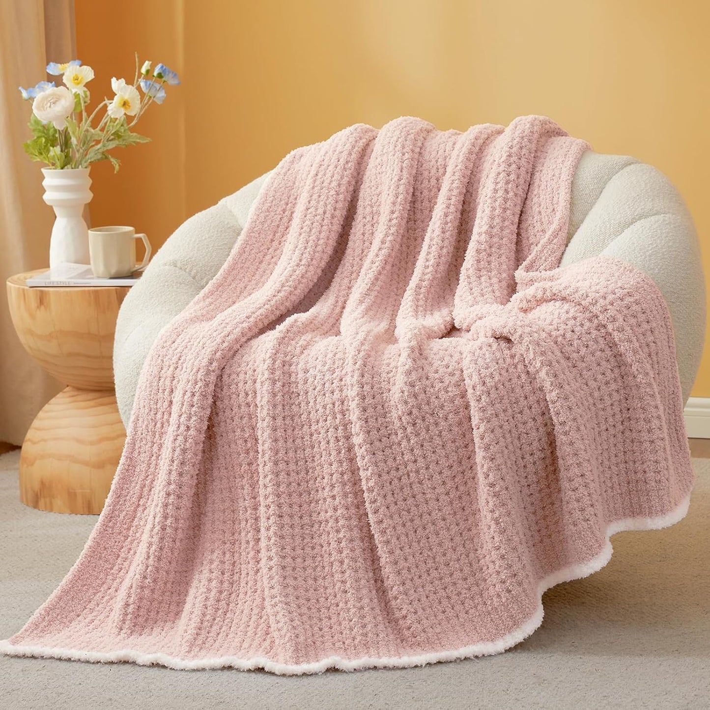 Snuggle Sac Ultra Soft Waffle Throw Blanket for Couch Bed Sofa 50x60 inches, Reversible Pink Blanket Microfiber Fluffy Fuzzy Cozy Knit Throws for Women Mothers Birthday Gifts