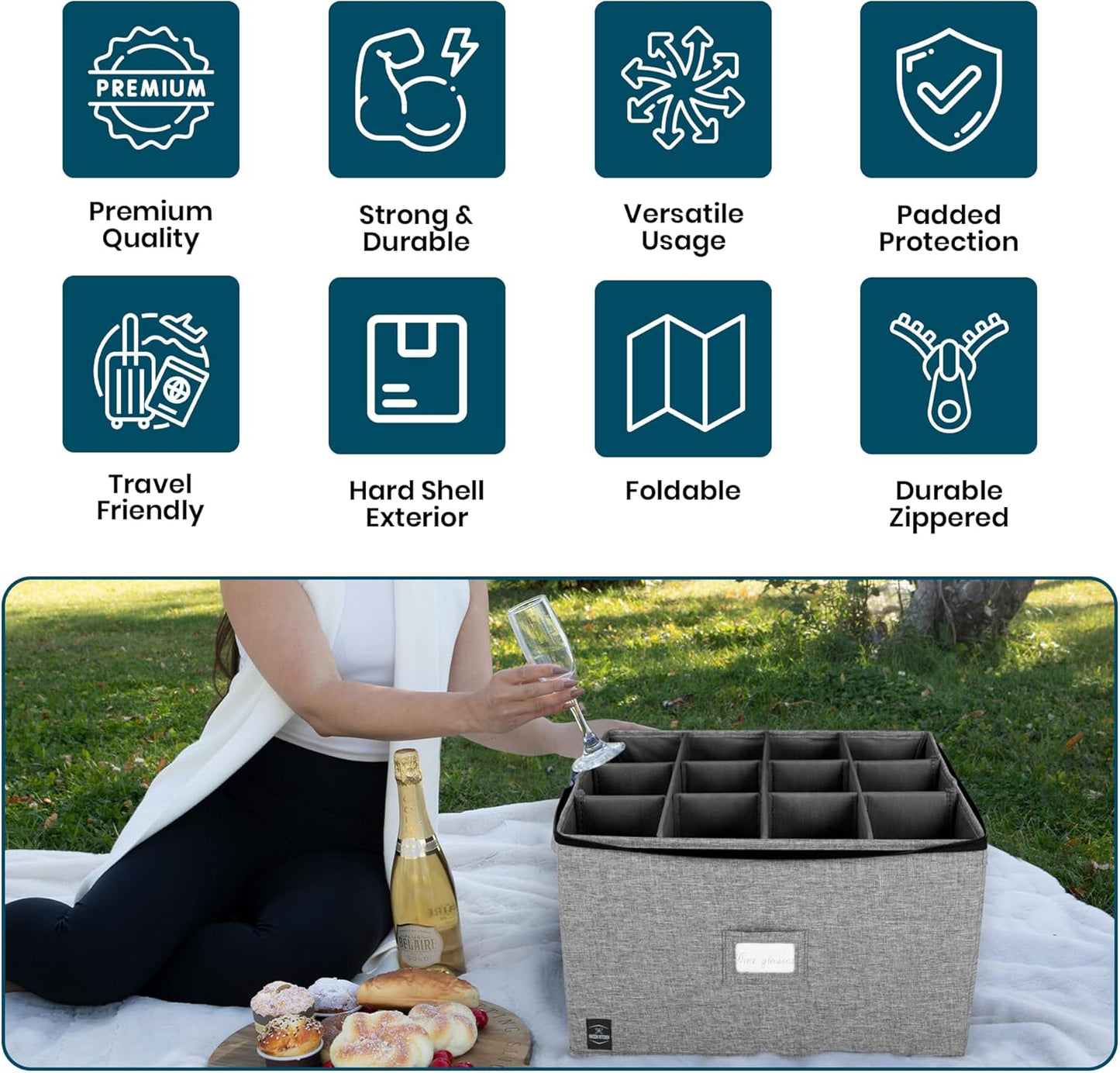 Wine Glass Storage, Holds 12 Stemware Glasses, Stackable, Fully-Padded Inside with Hard Top and Sides (Grey)