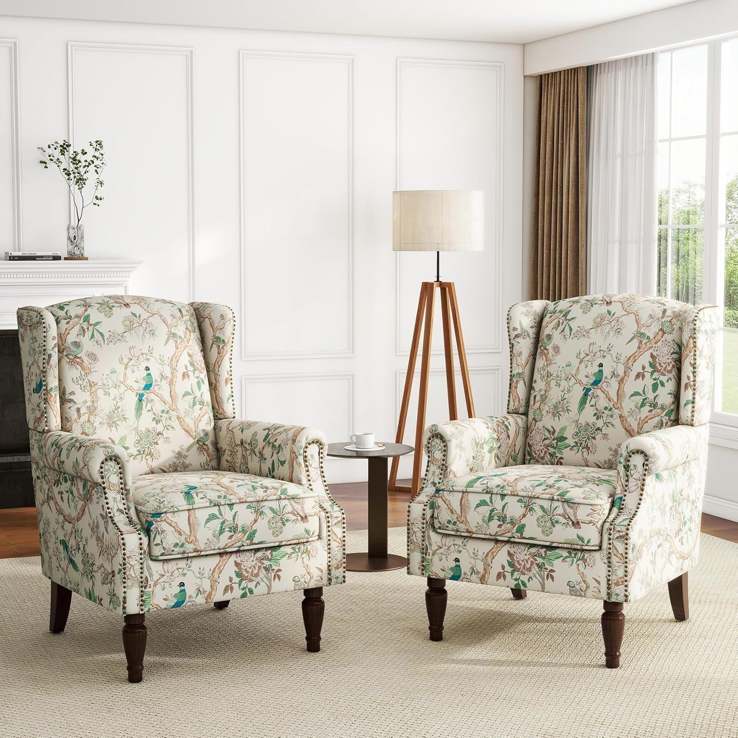 UIXE High Back Floral Accent Chairs Set of 2, Fabric Upholstered Armchair for Living Room, Retro Printed Wingback Arm Chair Rivet Trimed Single Sofa Bedroom Reading Seat - Bird