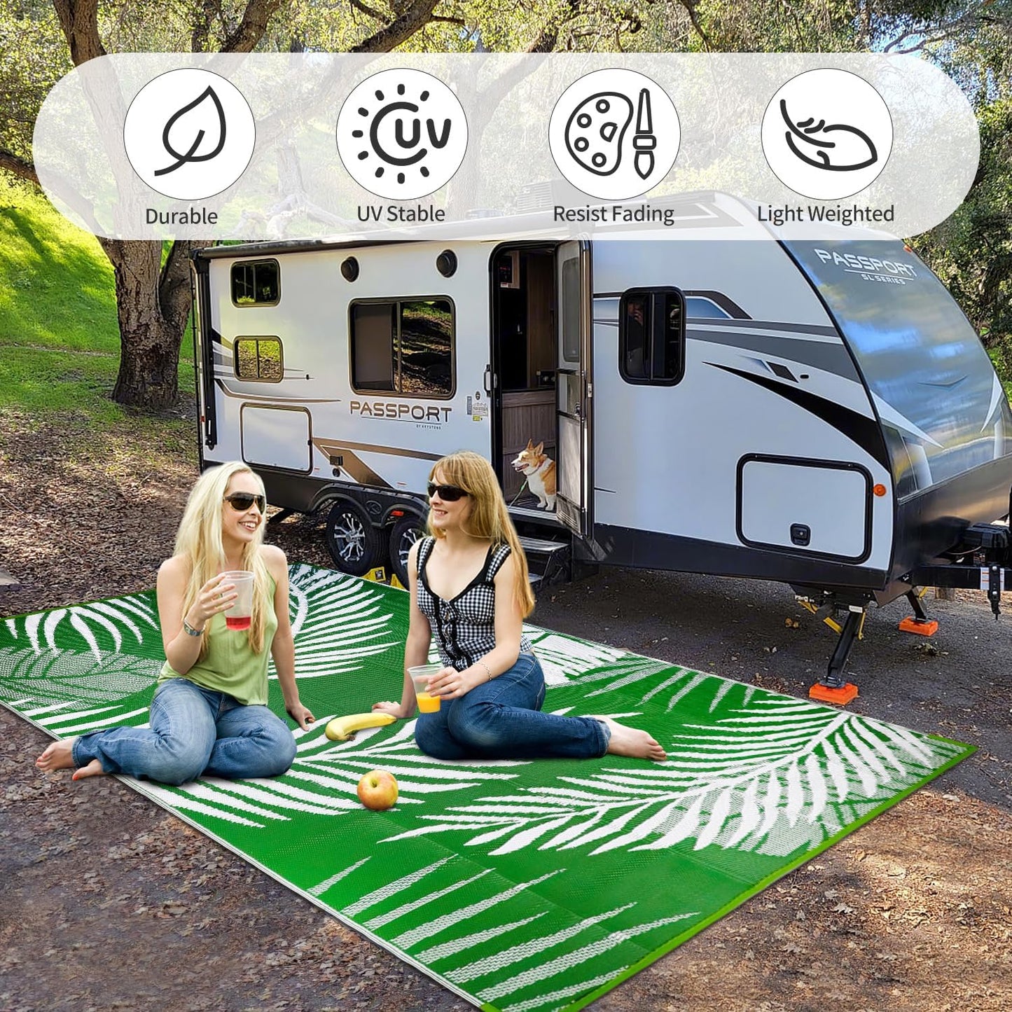 Waterproof Outdoor Rug 6x9ft, Green Leaf Reversible Plastic Straw Mat for Patio RV Deck Porch Backyard Balcony Camping Picnic Beach Indoor Outdoor Carpet, Green&White