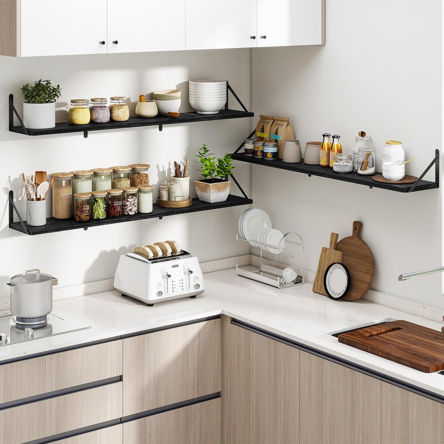 Heimlove 48 Inch Large Floating Bookshelves Set of 3,Black Wall Mounted Bookshelves,Heavy Duty Wooden Shelves for Living Room,Bedroom,Kitchen,Laundry Room Storage & Decor