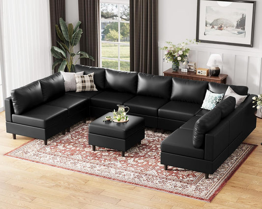 ABCASA Oversized 145.5" Faux Leather Modular Sectional Sofa, Modern Large 10 Seater U Shaped Couch with Storage Seat with Reversible Chaise Deep Seat for Living Room DIY Combination - Black