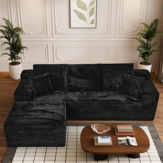 Modular Sectional Sofa Cloud Sectional Couch, 107" Comfy Fluffy L Shaped Black Couches for Living Room, Deep Seat Memory Foam Plush Corduroy Boneless Couch Sectionals with Left Facing Chaise Sofa