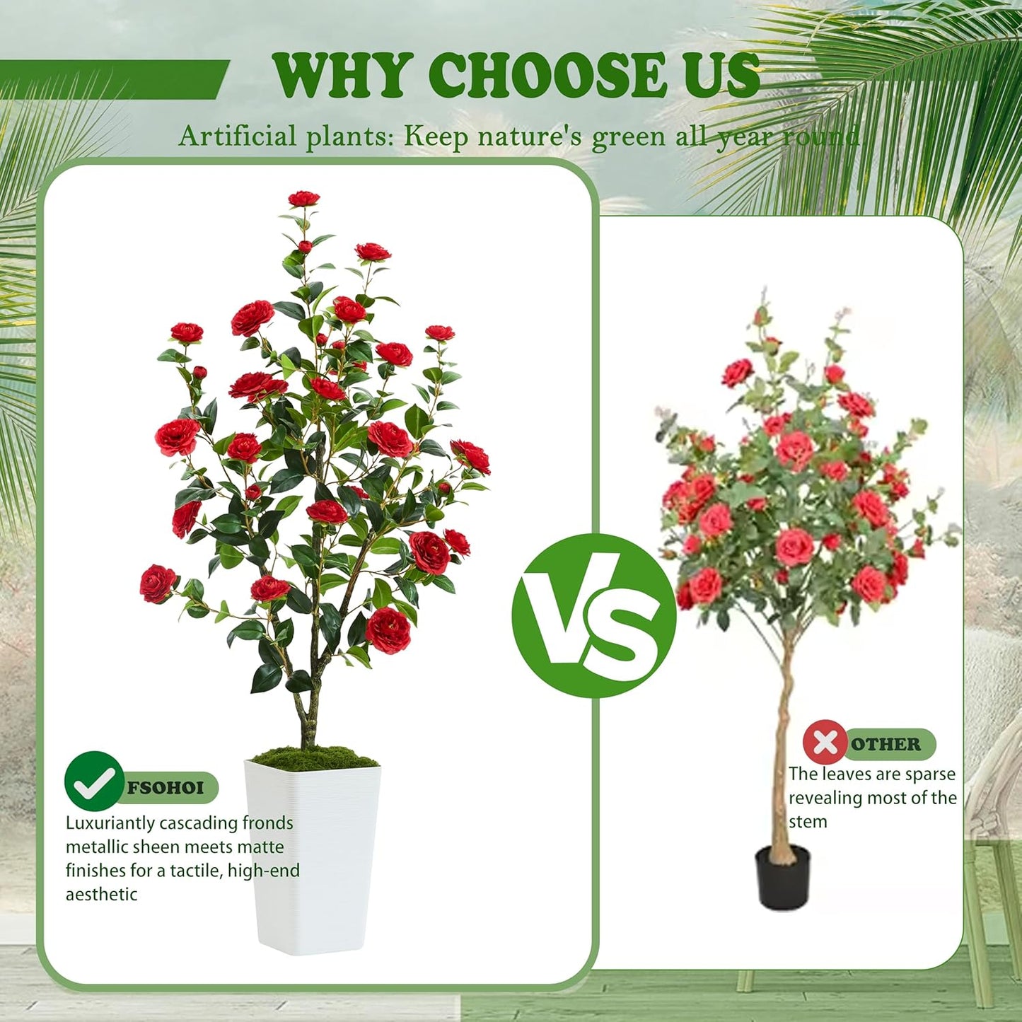 Artificial Camellia Tree 5FT Faux Trees Indoor Fake Floral Plant Blooming Tree with Red Flowers & White Tall Planter, Faux Camellia Plants for Porch Home Room Bedroom Office Front Door Outdoor Decor