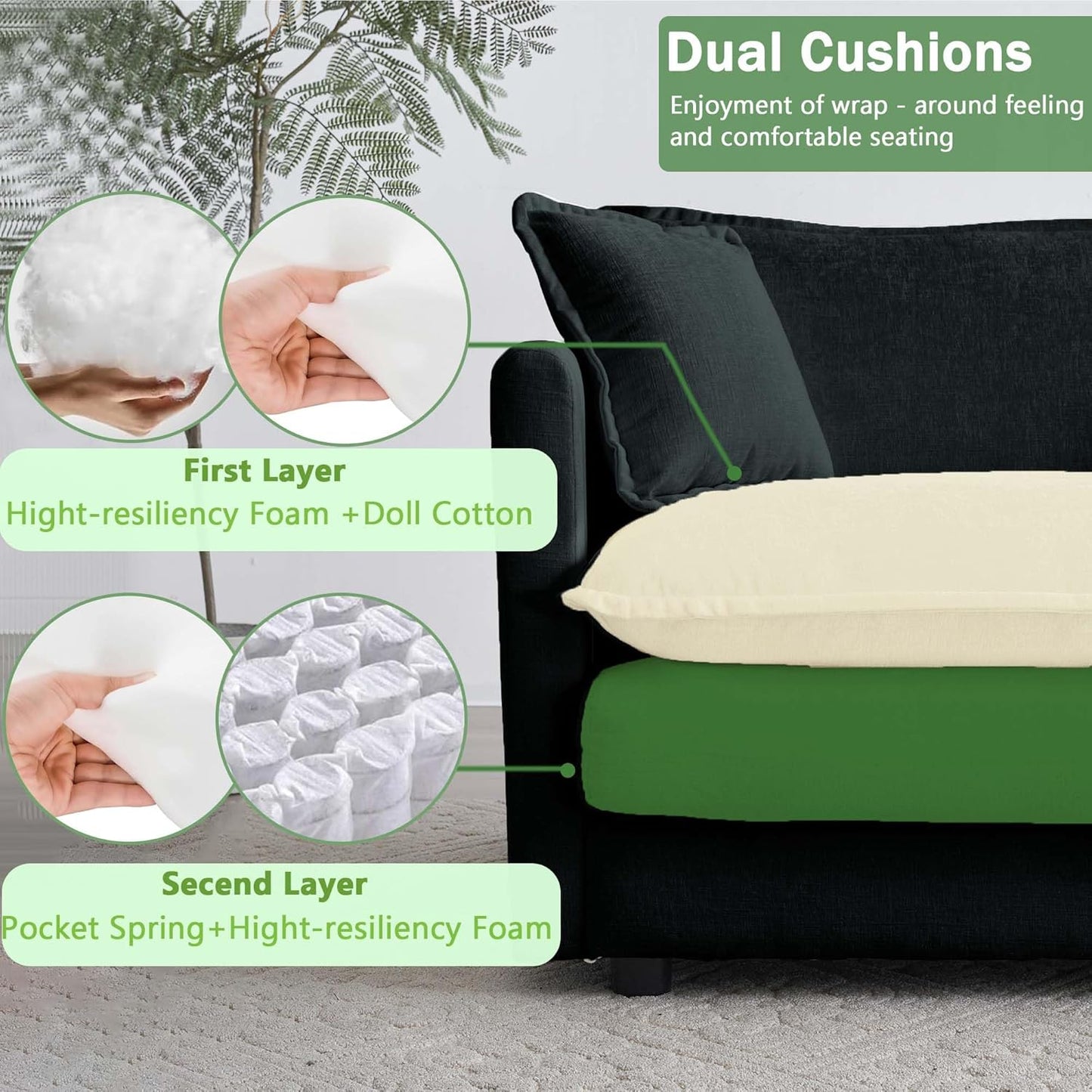 Sectional Sofa 3 Seater with Movable 1 Ottoman,Oversized Modular Couch Deep Seat (Black, 111.5 inch-L)