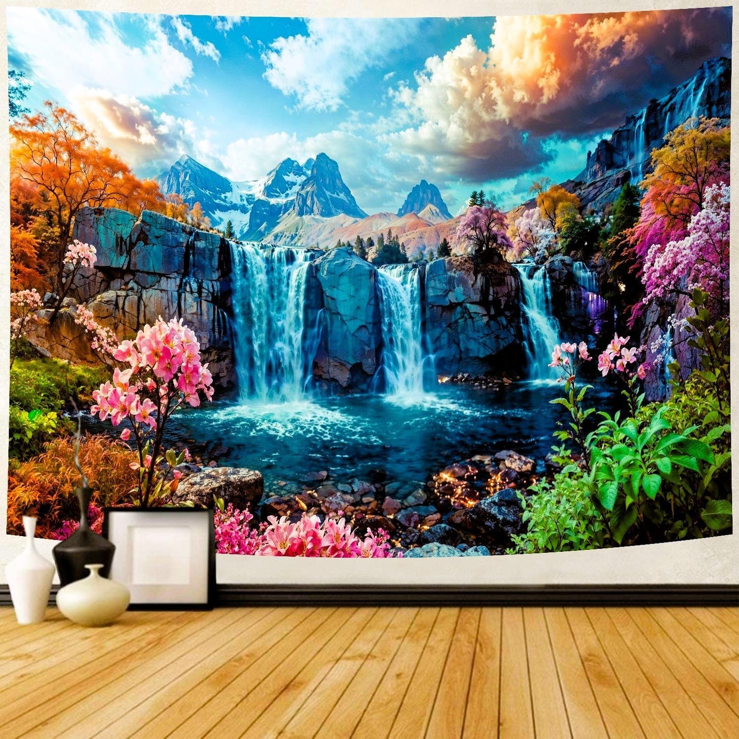 Delur Waterfall Tapestry Tropical Forest Mountain Sunset Tree Wall Hanging Tapestry Scenic Rainforest Landscape Nature Sunrise Headboard for Bedroom Living Room Home Decor (59.1" x 78.7")