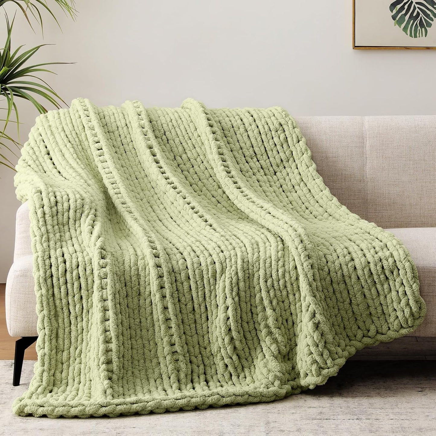 Chunky Knit Throw Blanket, 40''*50'' Knitted Throw Chenille Yarn for Bed Couch, Handmade Light Green Crochet Big Thick Blanket, Machine Washable Cute Comfy Blanket for Home Decor