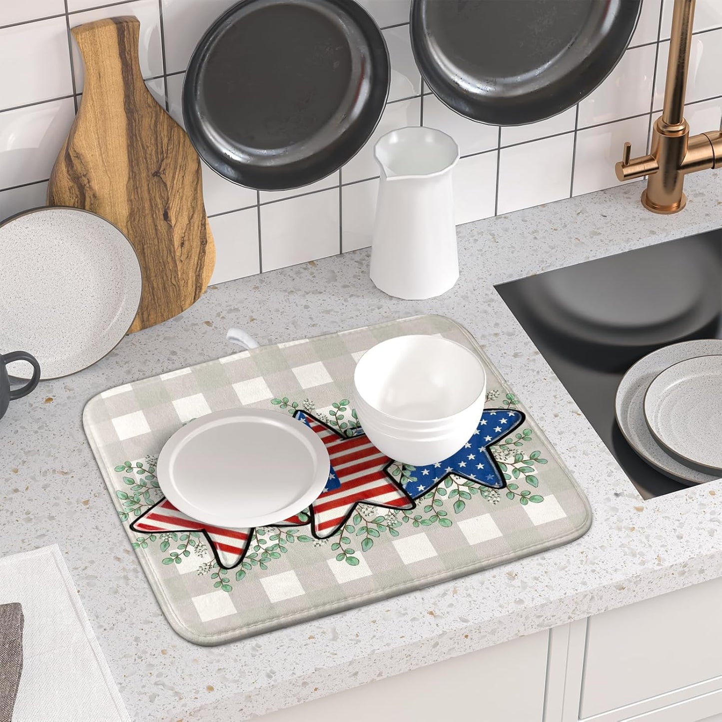 Patriotic Dish Drying Mat for Kitchen Counter Cute Stars 4th of July Holiday Absorbent Reversible Microfiber Kitchen Countertop Protector Dishes Pad Small 16x18 inch