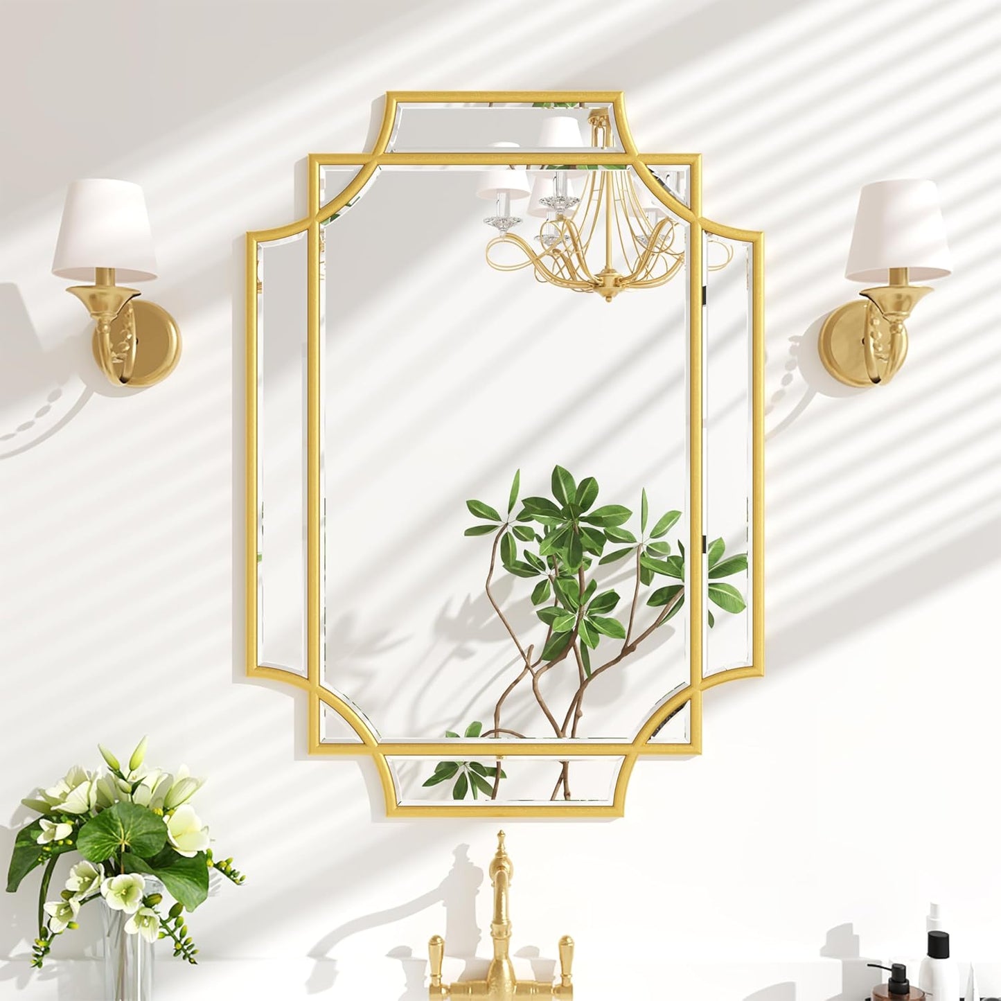 Bathroom Mirror for Wall Gold Farmhouse Wall Vanity Mirror for Over Sink Wood Framed Beveled Mirrors Deco（20 * 28IN/Gold）