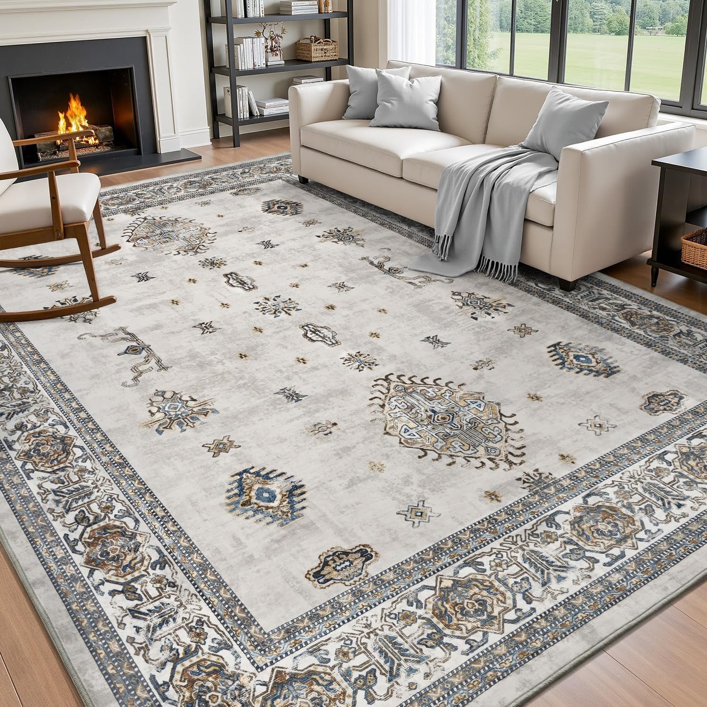 AMOAMI-Vintage Area Rug 8X10 Grey Rugs for Living Room-Soft Living Room Rug Non Slip Rugs for Bedroom Carpet Machine Washable Rug for Dining Room Bedside Office Room Decor