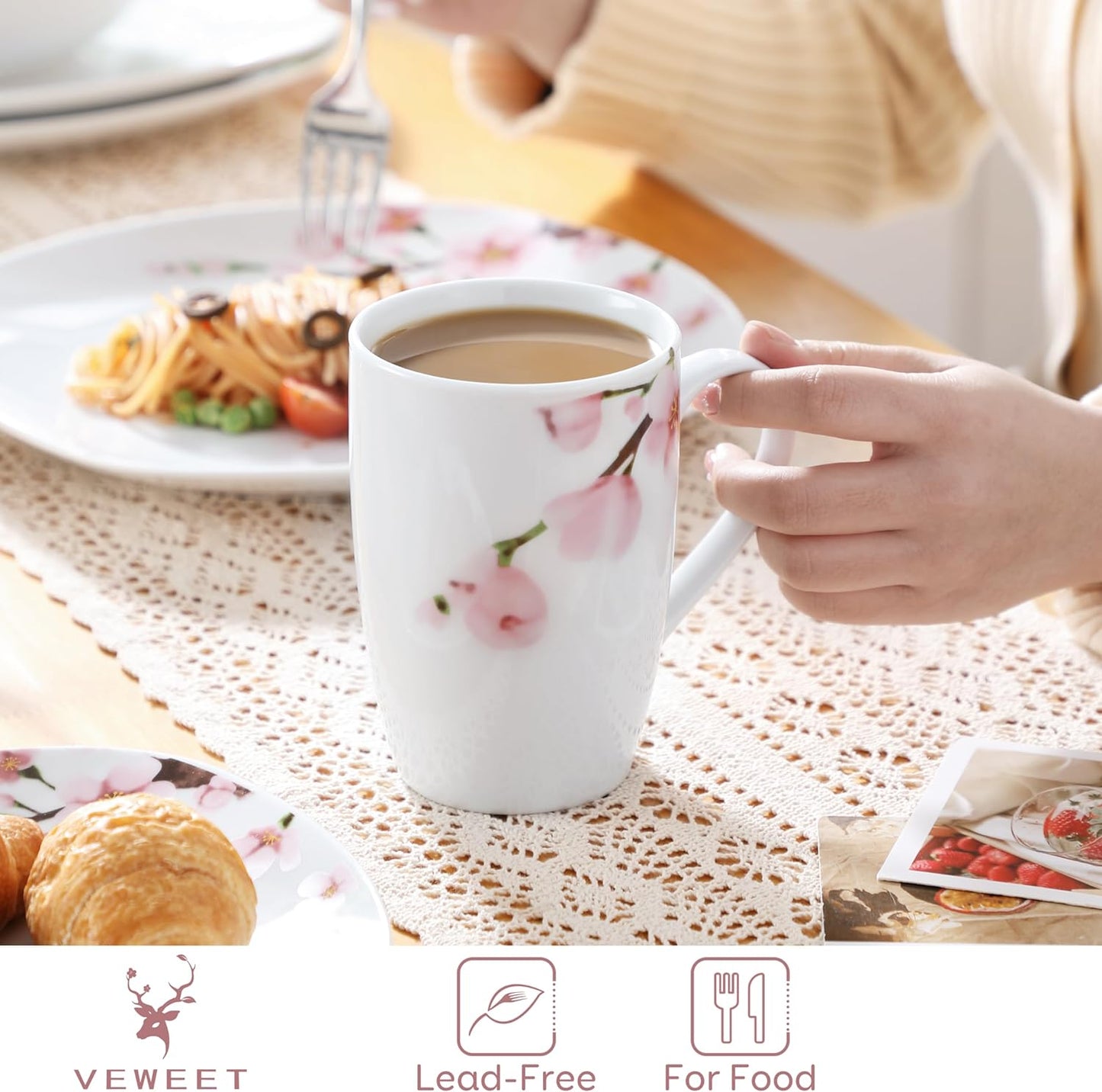 VEWEET Large Coffee Mugs Set of 6, 16 OZ Coffee Cups Set with Handle, Floral Mug Sets Ceramic Cup Set for Kitchen, Microwave& Dishwasher Safe, Series ANNIE