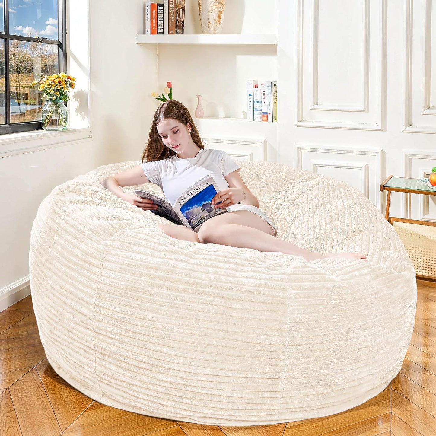 Large Bean Bag Chair, 5FT Giant Beanbag Chairs with Memory Foam Filled, Bean Bag Chairs for Adults, Ultra Soft Lazy Sofa for Living Room Bedroom (White)