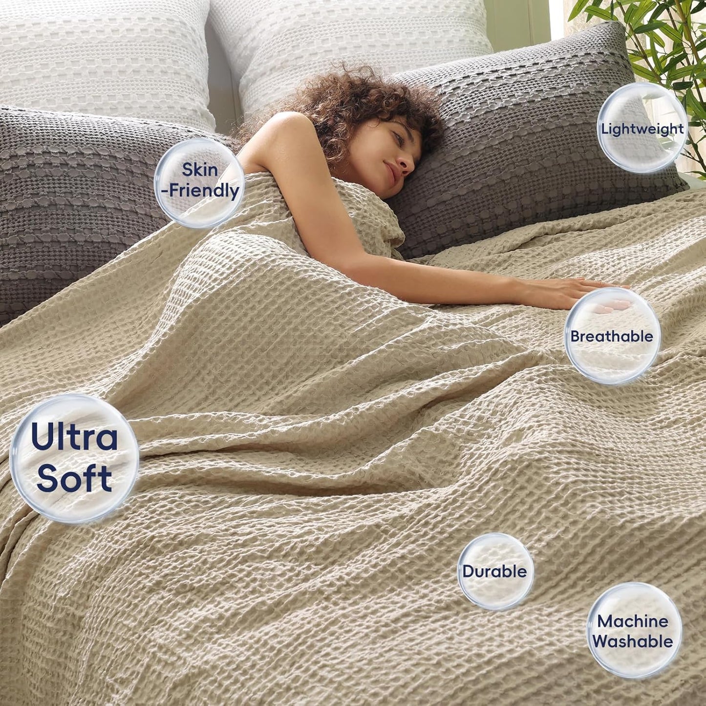 PHF Ultra Soft Waffle Weave Blanket Twin Size 66"x 90"- Washed Lightweight Breathable Cozy Woven Blanket for Bed - Aesthetic Decor for Couch Bedding Sofa Home Car - Khaki