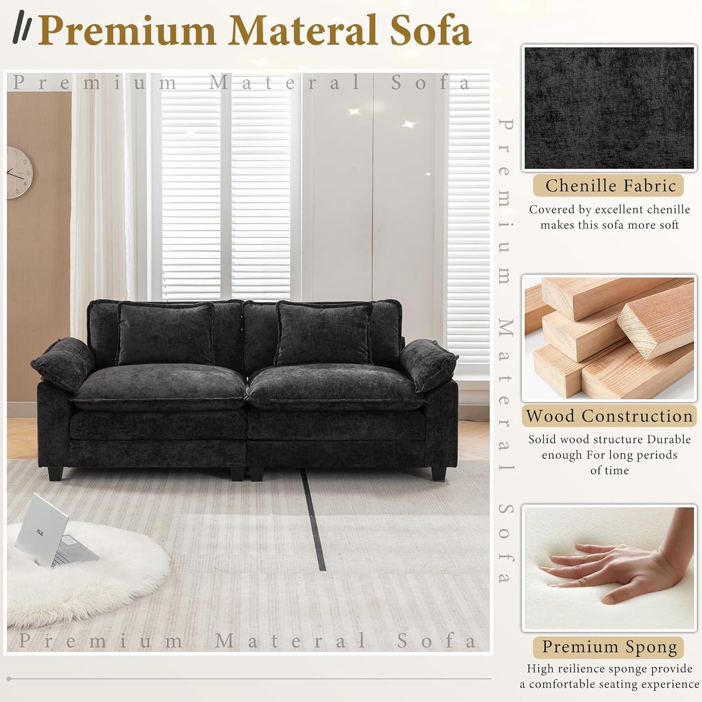 URRED Modular Sectional Sofa Comfy Cloud Couch, Modern Chenille Sofa Sleeper Deep Seat Couches with Ottoman/Pillows for Living Room (Black, 82.6'')