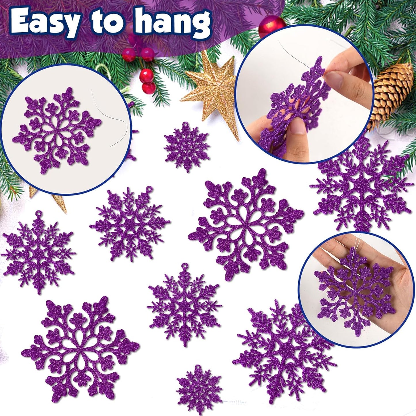 36pcs Christmas Deep Purple Snowflake Ornaments，Plastic Dark Purple Snow Flakes Hanging Ornaments for Christmas Tree Decor Winter Wonderland Frozen Birthday Party Holiday Home Decor Craft Snowflakes