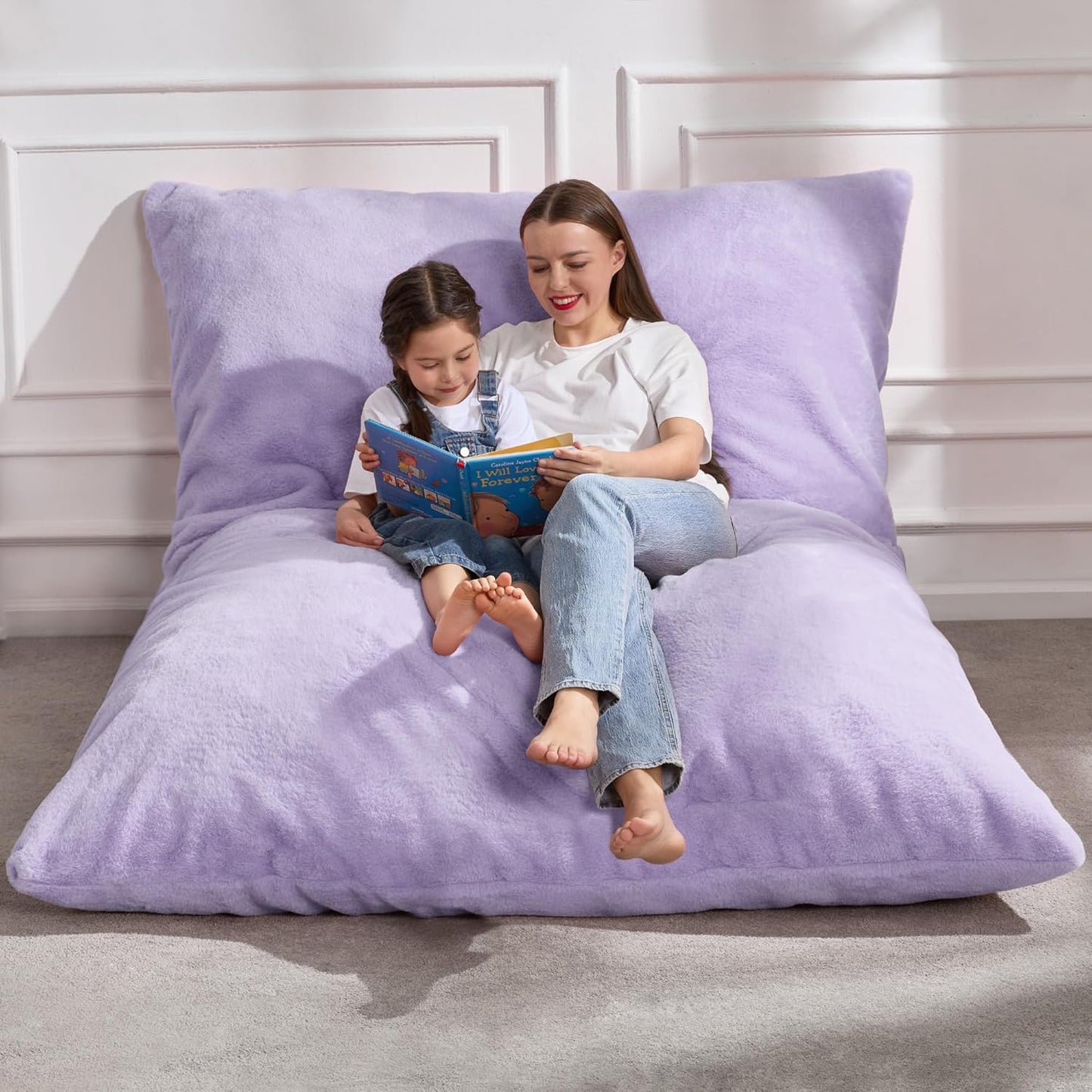 Hobestluk 3 in 1 Bean Bag Chair Giant Bean Bag Chairs for Adults with Plush Faux Fur Cover Convertible Bean Bag Floor Cushion with Machine Washable Cover for Living Room (Plush Purple)