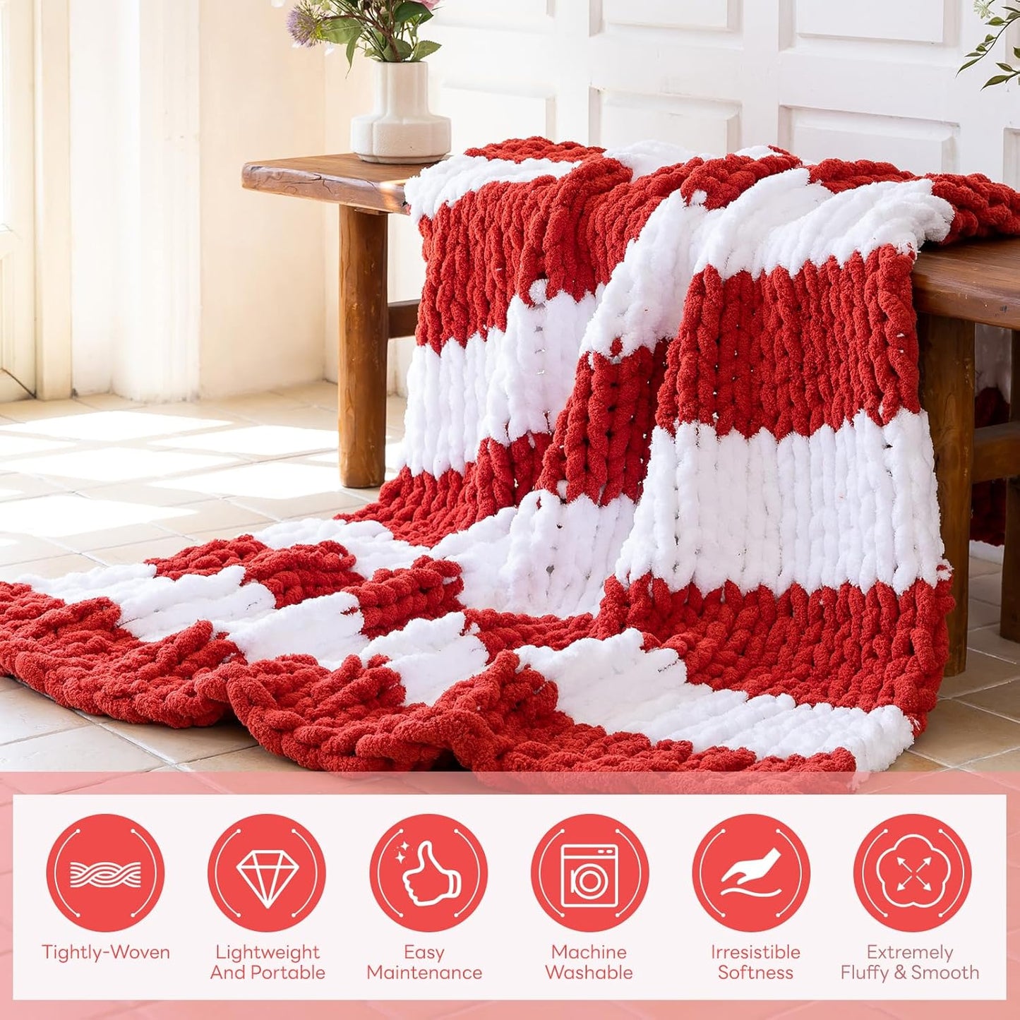 Chunky Knit Blanket - Luxury Soft Cozy 60 * 80 Throw Blanket,100% Woven Blanket Rope Knot Throw Blanket for Couch, Sofa, Home Decor, Gift - Machine Washable（White/Wine red）