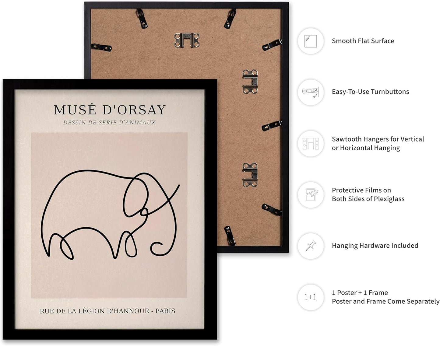 Poster Master Vintage Poster - Retro One Line Elephant Drawing Print - Elephant Art - Minimal Gift for Men, Women, Animal Lover - Abstract Wall Decor for Home, Office, 11x14 Black Framed