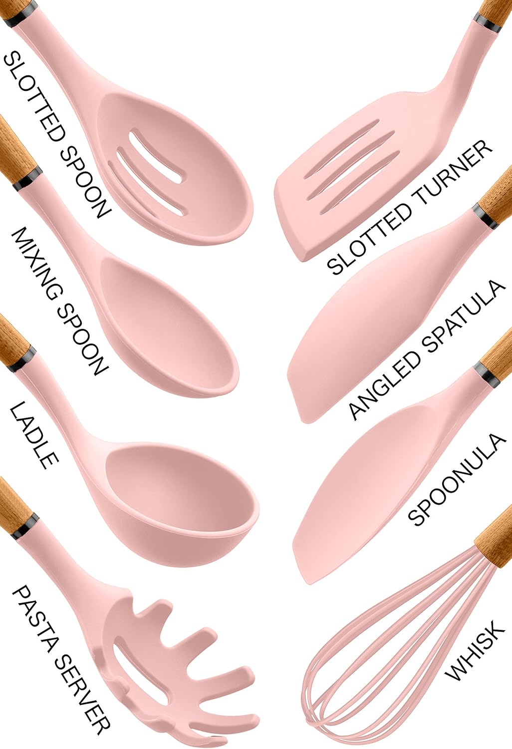 Country Kitchen Non Stick Silicone Utensil Set with Rounded Wood Handles for Cooking and Baking, 8 Piece Set, Pink