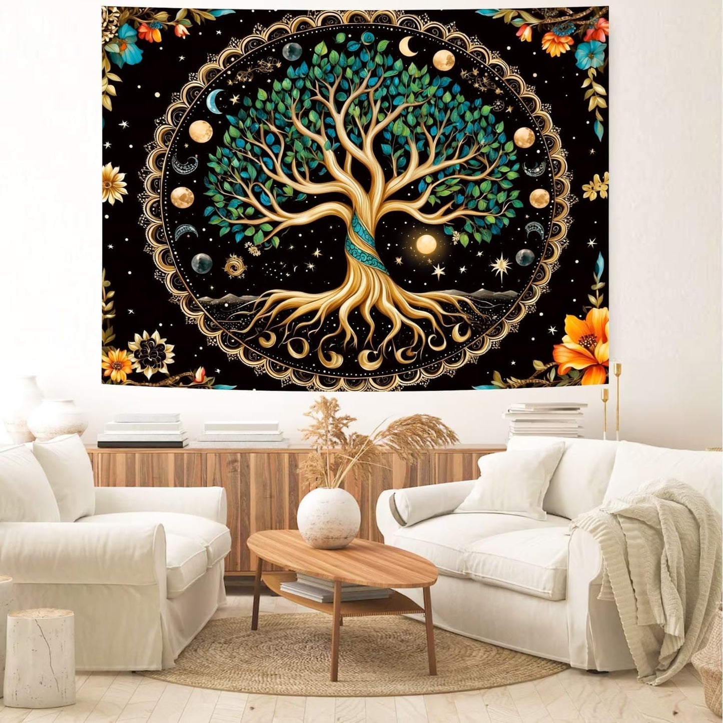 Delur Tree of Life Tapestry Moon Phase Nature Flower Plant Tapestry Wall Hanging Boho Mandala Spiritual Sun Aesthetic Psychedelic Headboard for Bedroom Living Room Home Decor (51.2" x 59.1")