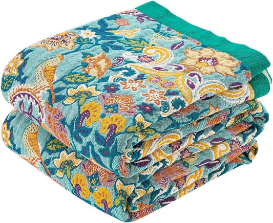 Boho Blanket Throw Quilt, 100% Cotton Soft Light Weight Throw Blankets for Summer, 60"x80" Farmhouse Flower Decorative Blankets, All Season Rustic Reversible Bohemian Throw Quilt