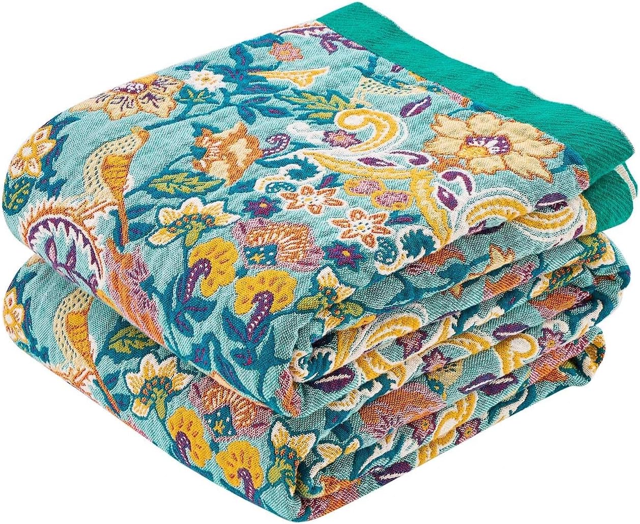 Boho Blanket Throw Quilt, 100% Cotton Soft Light Weight Throw Blankets for Summer, 80"x90" Farmhouse Flower Decorative Blankets, All Season Rustic Reversible Bohemian Throw Quilt