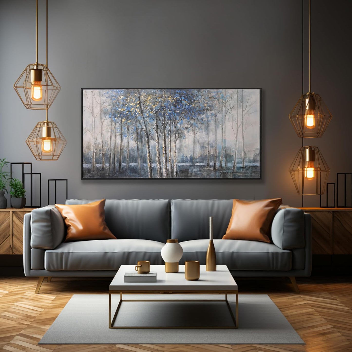 Framed Wall Art Scene Nature Decor Canvas Print Blue Embellishments Plant Grey Misty Forest Abstract Tree Painting Picture Artwork Framed Wall Decor For Living Room Bedroom Living Room And Apartment