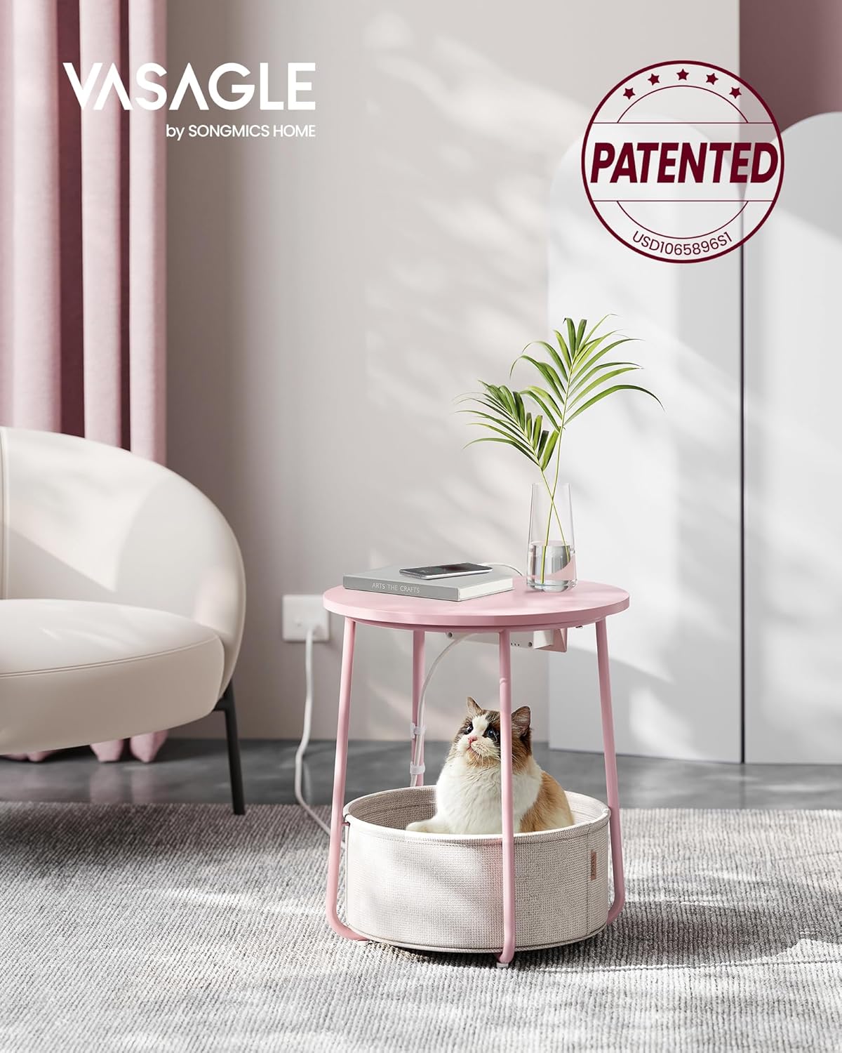 VASAGLE Side Table with Charging Station, Round End Table with Fabric Basket, Nightstand with Power Outlets, USB Ports, for Living Room, Bedroom, Modern, Jelly Pink and Cream White ULET228R01