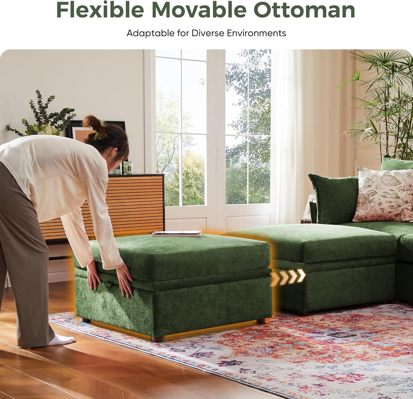 134.6" Oversized Modular Sectional Sofa, Large 7 Seater U Shaped Couch with Storage Ottoman with Reversible Chaise Deep Seat for Living Room, Apartment - Chenille Green