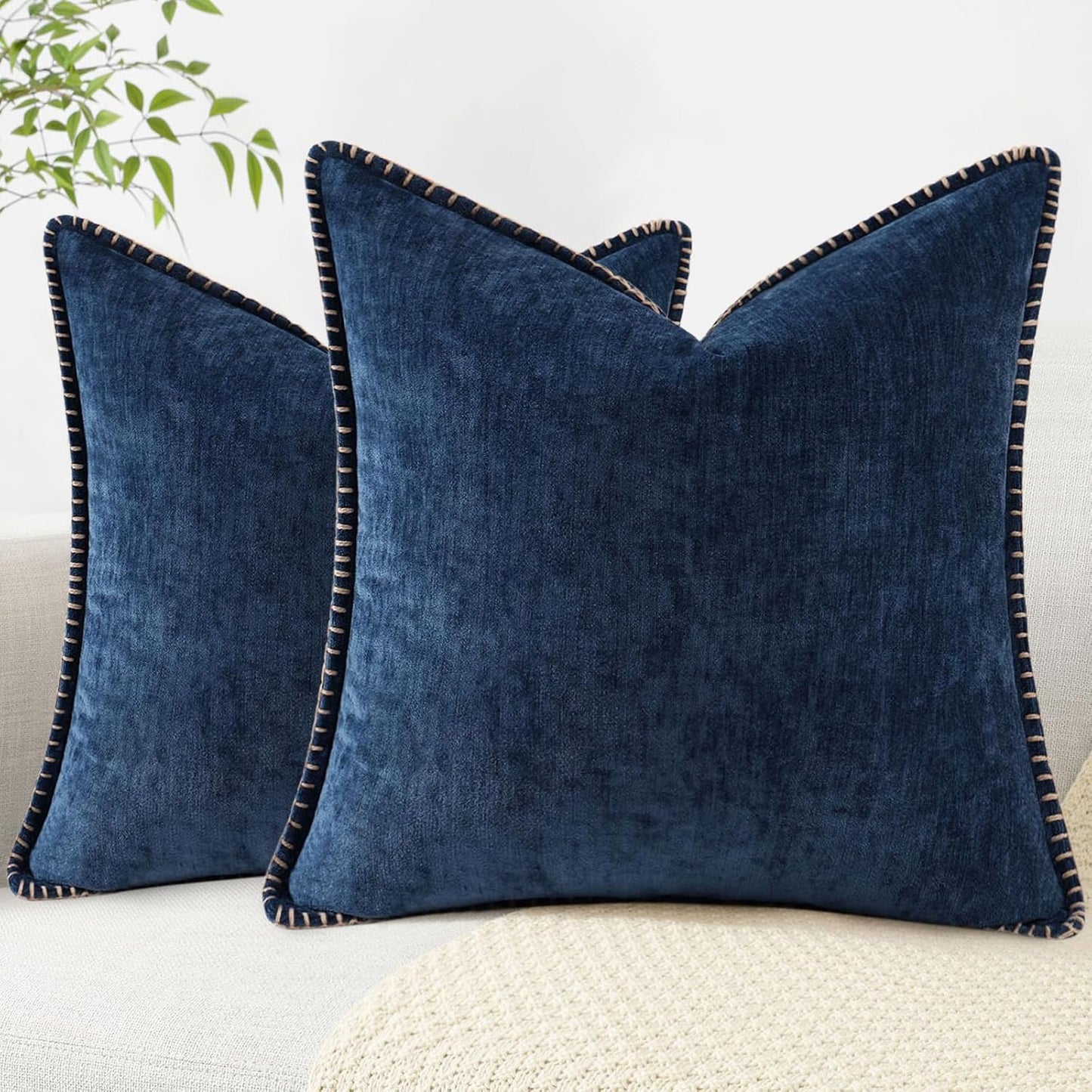decorUhome Chenille Soft Throw Pillow Covers 16x16 Set of 2, Farmhouse Velvet Neutral Decorative Euro Pillow Covers with Stitched Edge for Couch Sofa Bed Home Decor, Poseidon