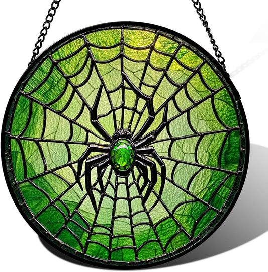 Stained Glass Window Hanging - Black Green Horror Spider Web Suncatcher for Doors Garden Patio Sun Catchers Decor Christmas Halloween Birthday Gifts for Women Men Mom Nana Friend 15 in