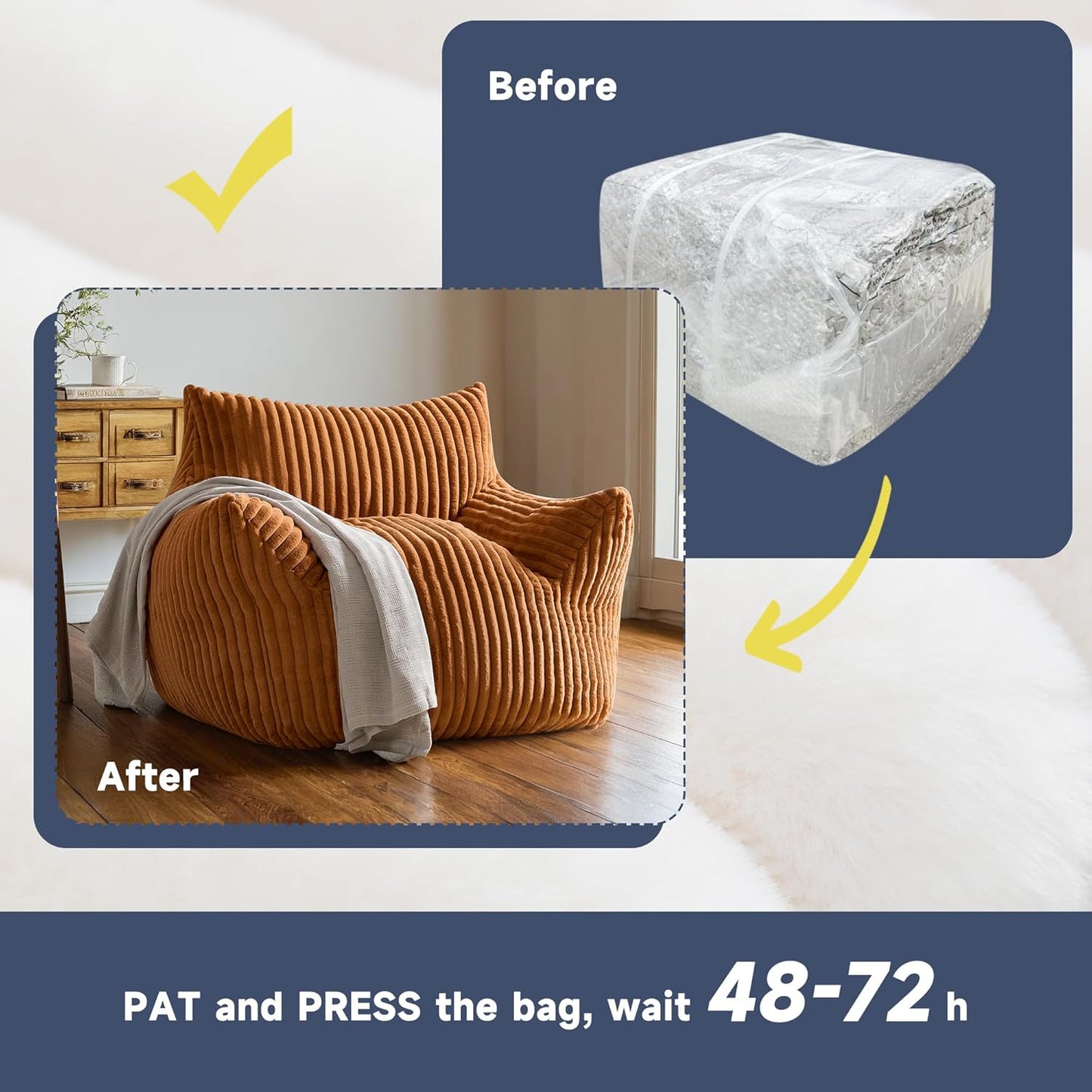 Oversized Bean Bag Chair for Adults, Giant Comfy Plush Boneless Bean Bag Couch with Filler for Kids - Reading Chair for Living Room, Bedroom & Dorm, Single Accent Chair Floor Lounger, Orange