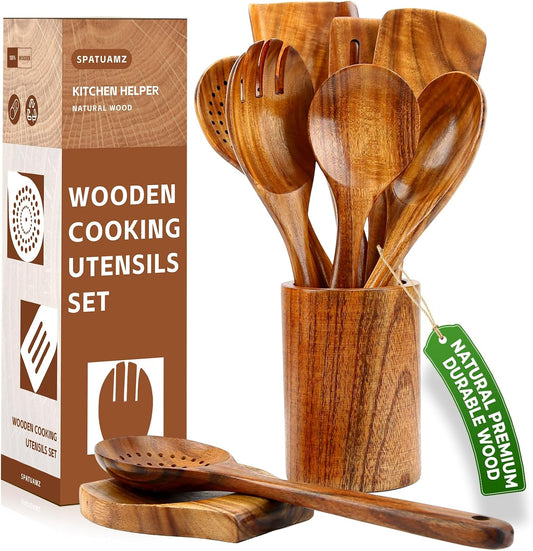 SPATUAMZ Wooden Spoons for Cooking, Teak Wood Kitchen Utensil Set for Nonstick Cookware, Durable Cooking Spatulas Set of 9 with Holder and Spoon Rest