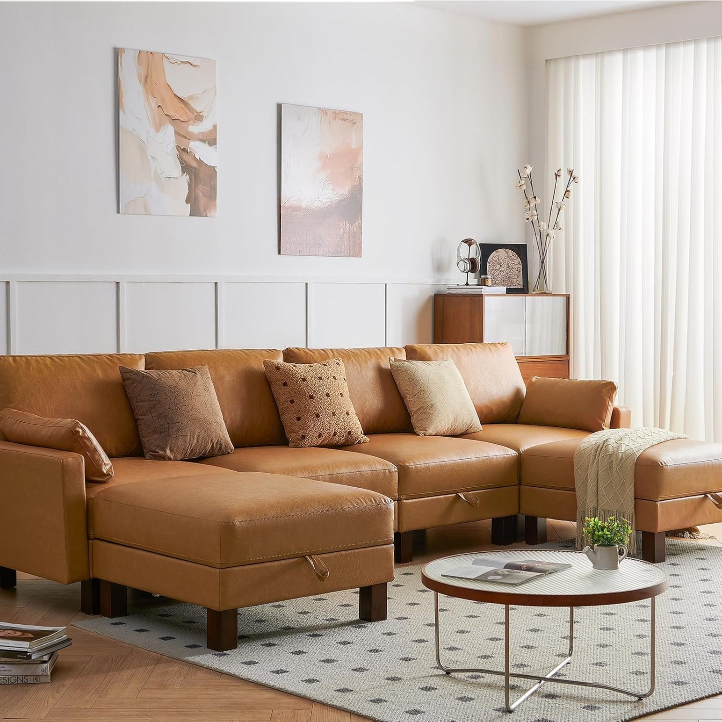 U-Shape Modular Sofa Couch 128" Modern 4-Seat Sofa with Chaises, Upholstered Sectional Couch with Wood Square Legs for House, Living Room, Reception Room, Apartment, Tan