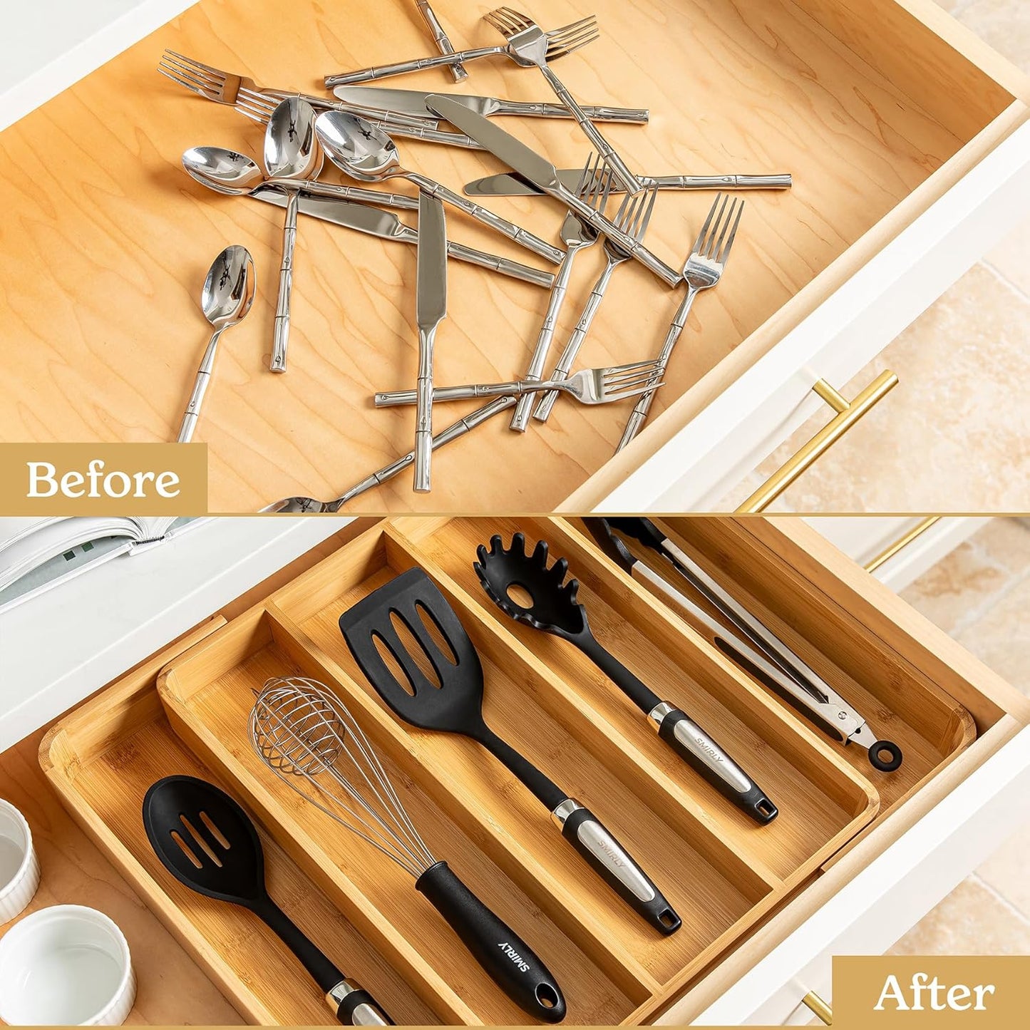 SMIRLY Silverware Drawer Organizer – Bamboo Kitchen Drawer Organizer, Adjustable Utensil Holder and Cutlery Tray, Drawer Dividers for Flatware and Kitchen Utensils
