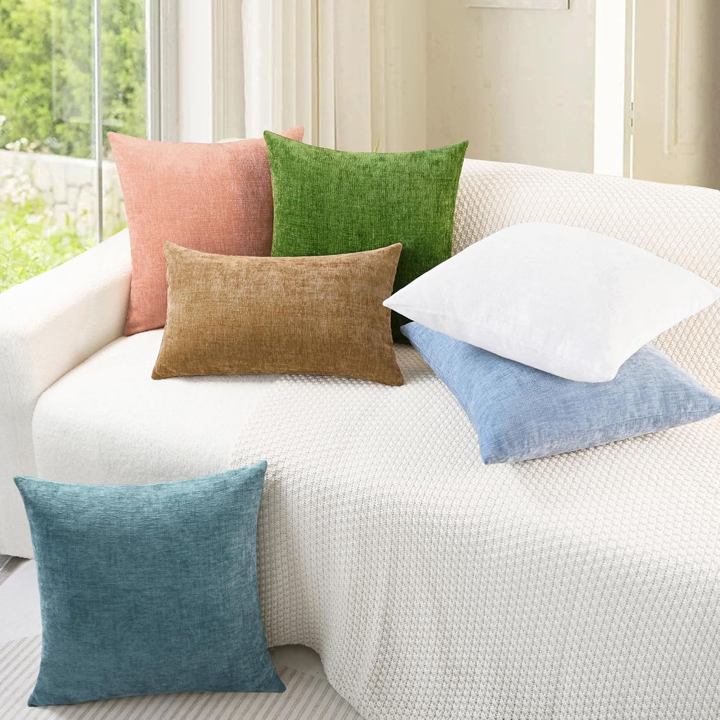 CaliTime Throw Pillow Covers Decorative 24 X 24 Inches Pack of 2 Cozy Chenille Cushion Cases for Couch Sofa Bed Living Room Home Smoke Blue