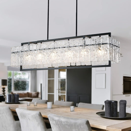 IKK Modern Rectangle Black Crystal Chandeliers for Dining Room, 42" Large Rectangular Water Ripple Glass Island Light Fixture, Linear Farmhouse Lighting for Kitchen Island, Living Room, L42xW11xH12