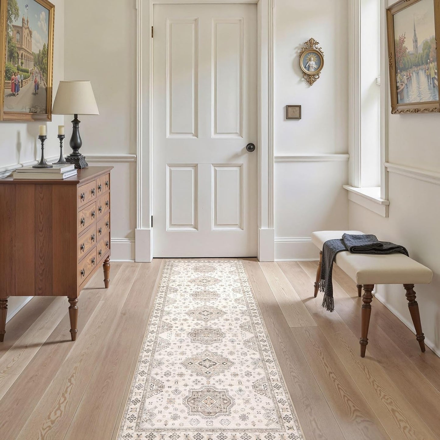 Washable 2x6 Runner Rug - Area Rugs Neutral Vintage Distressed Floral Farmhouse Boho Large Soft Floor Rug Indoor Carpet for Hallway Entryway Bedroom Kitchen - Beige Brown