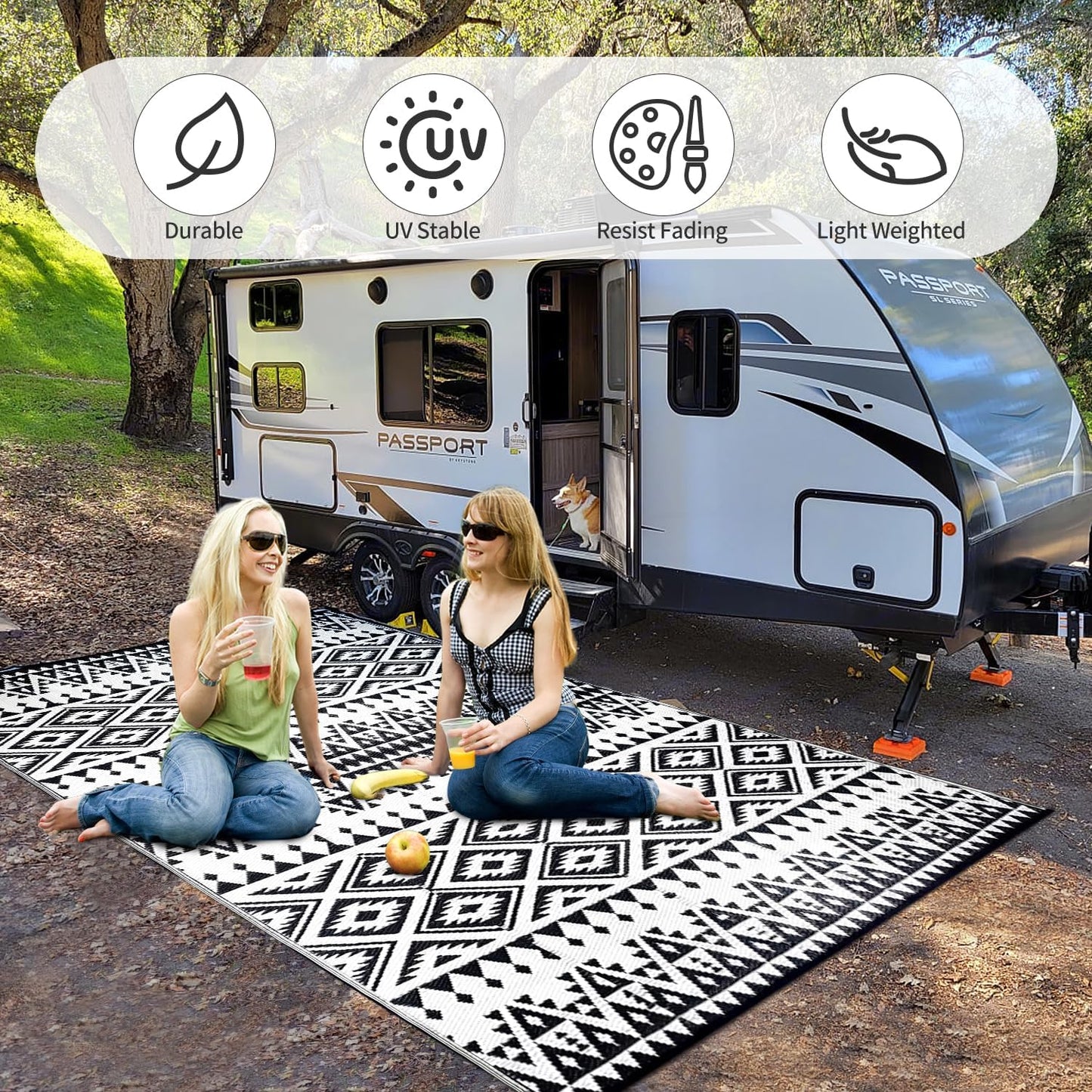 Waterproof Outdoor Rug 8x10ft, Bohemia Reversible Plastic Straw Mat for Patio RV Deck Porch Backyard Balcony Camping Picnic Beach Indoor Outdoor Carpet, Black&White