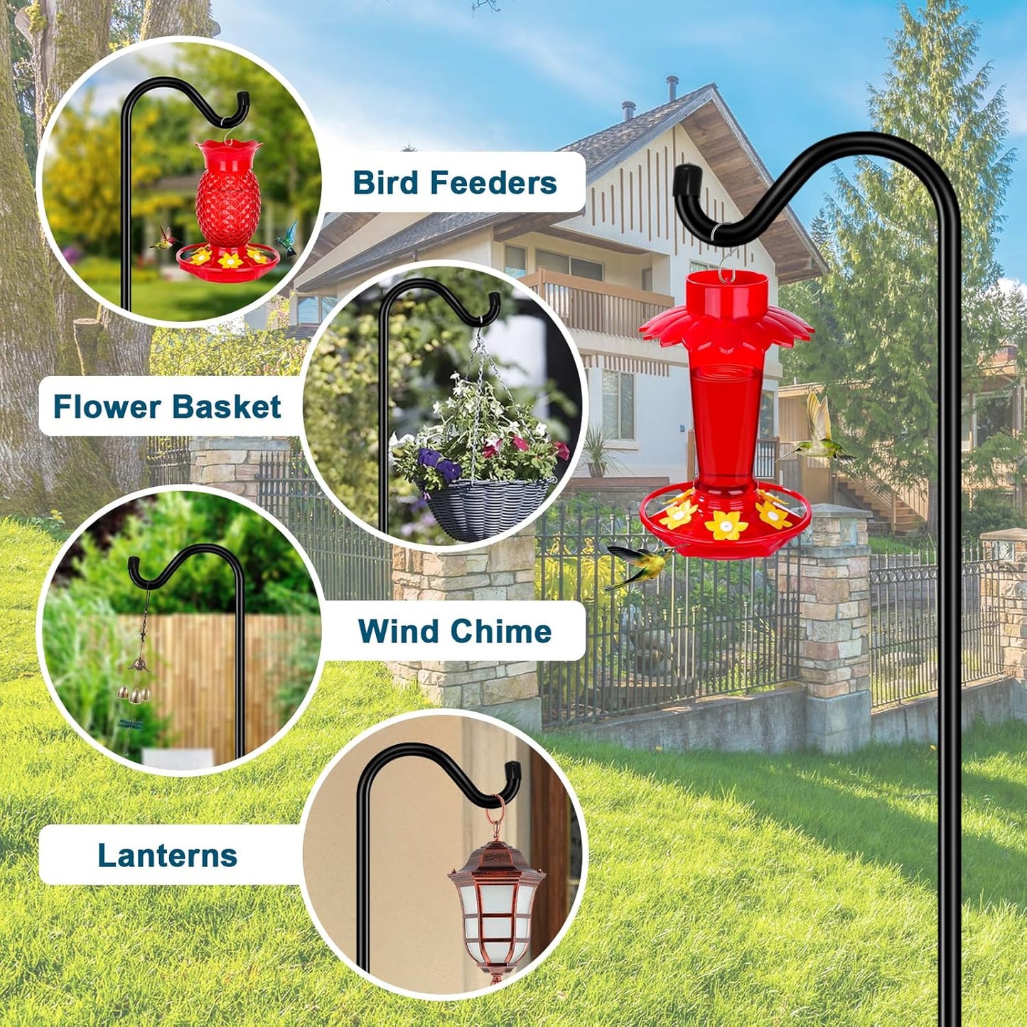 Gtongoko Tall Shepherds Hook for Outdoor, 108 Inch Bird Feeder Pole with 7 Prongs Base, 3/4 Inch Thick Heavy Duty Adjustable Garden Hook for Hanging Plant, Lantern, Hummingbird Feeder, 1 Pack