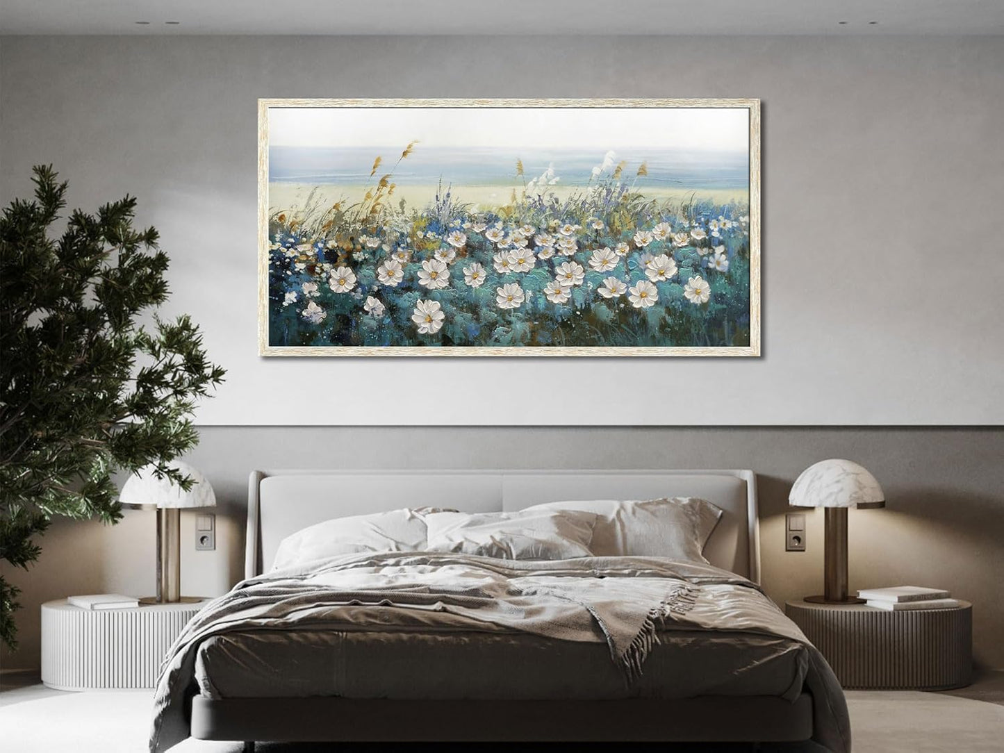 Arjun Flowers Wall Art Canvas White Daisy Floral Painting Blue Coastal Landscape Turquoise Floral Scenery Picture Artwork for Living Room Bedroom Office Home Wall Decor, Framed Extra Large 58"x29"