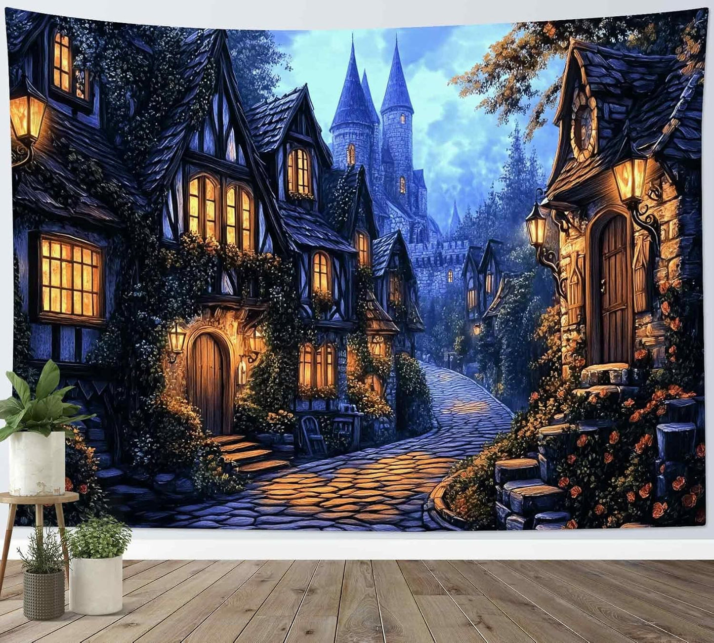 LB Vintage Castle Tapestry, Night Street Old House and Green Tree Wall Tapestry for Bedroom Aesthetic, Village Gothic Wall Art for Living Room Dorm Home Decor Ready to Hanging, 59 x 51 Inches