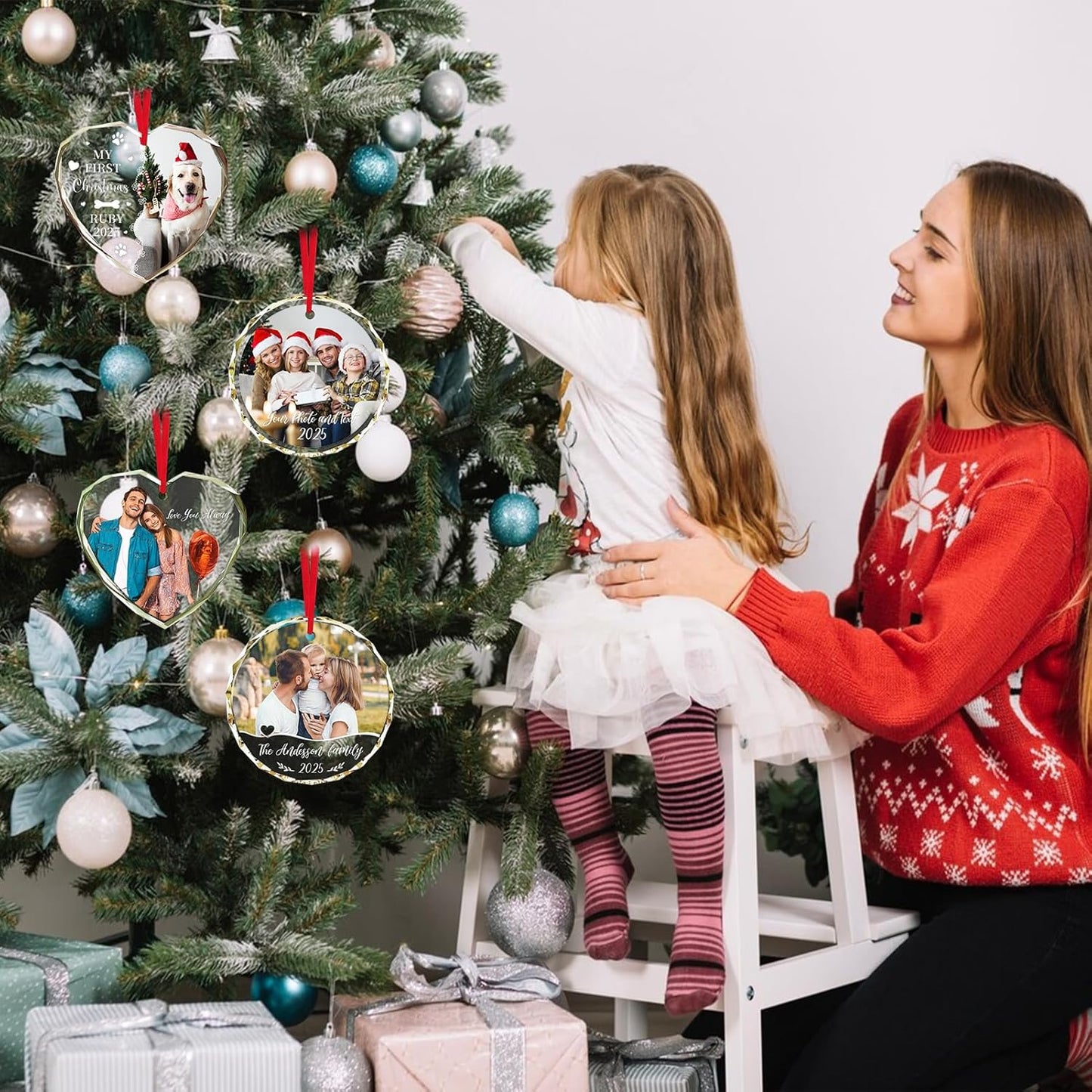 Personalized Christmas Ornaments 2025 with Photo & Text - Customized Crystal Glass Christmas Tree Decor Gifts for Family, Couples, Pets, Baby’s First Xmas – 6 Heart/Round Designs