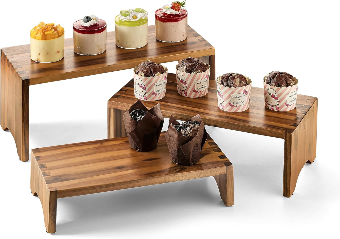 Acacia Wood Risers Display Stands Set of 3 - Wooden 3 Tier Cupcake Stand - 3 Tiered Riser for Vendors - Decorative Display Risers for Food Desserts Stand, Perfume, Funko POP at Party Wedding