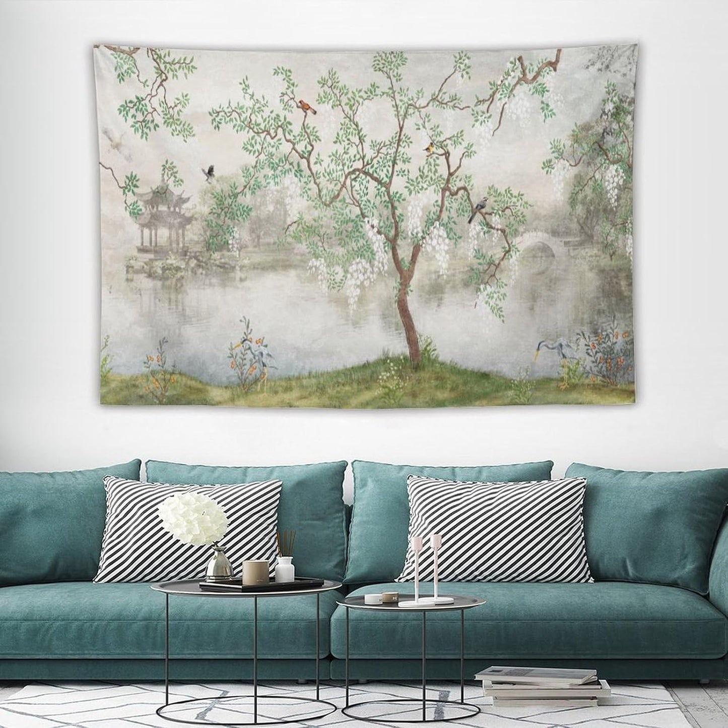 HZOHNAGO Japanese Tapestry Tree Misty Garden Lake Printed Wall Tapestry Ink Painting Wall Hanging for Bedroom Living Room Dorm 60" W x 40" H