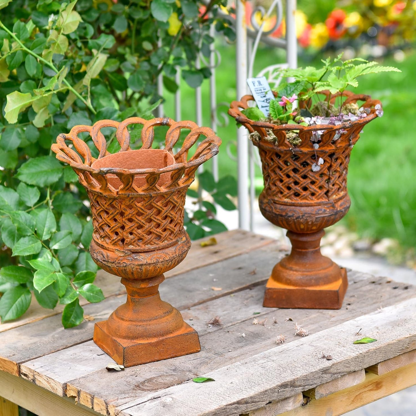 Sungmor Heavy Duty Cast Iron Urn Planter, Beautiful Hollow Trophy Design Tall Orchid Flower Pot, Large Decorative Plastic Flowers Plants Bouquets Vase, Rustic French Country Pot for Home or Garden